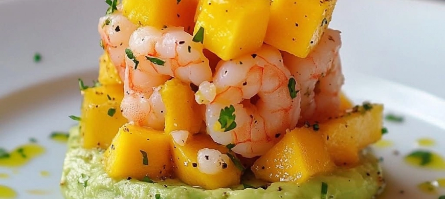 TARTAR DE AGUACATE, GAMBAS Y MANGO