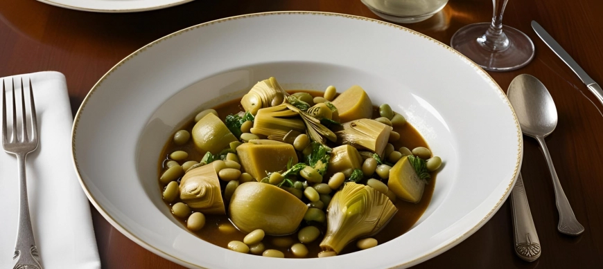 Alcachofas con habitas al azafrán