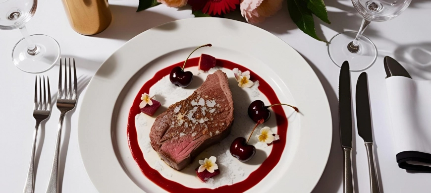 SOLOMILLO DE TERNERA CON SALSA DE CEREZAS CON VINO DE OPORTO .