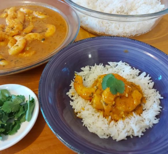 Curry de langostinos con arroz basmati, con Thermomix